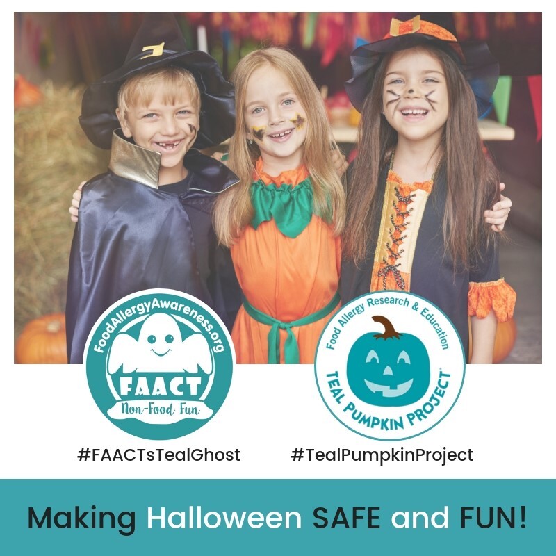 "Making Halloween Safe and Fun" with TealGhost and TealPumpkin seals and three kids in costumes